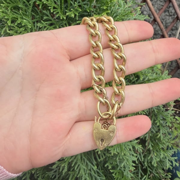 Vintage Heart Padlock Bracelet Heavy Gold Plate Charm Etched Link