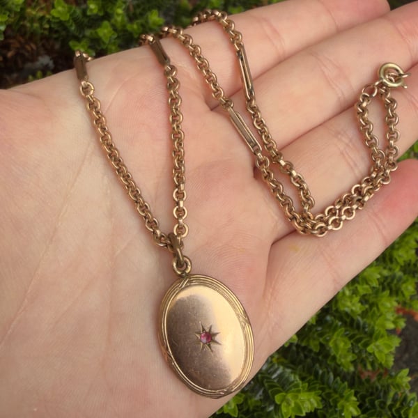 Antique Edwardian Garnet Locket Fancy Link Chain Necklace Rolled Gold  - 2