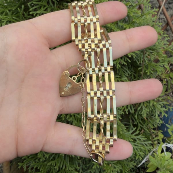 Gold Plate Heart Padlock Gate Bracelet Wide  - 2