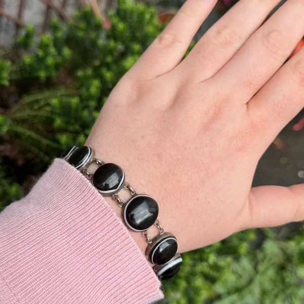 Antique Silver Bullseye Agate Bracelet Graduated Stone Scottish  - 2