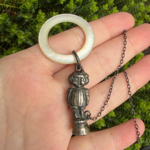 Antique Sterling Silver Baby Rattle Teether Chester Mother of Pearl 1920