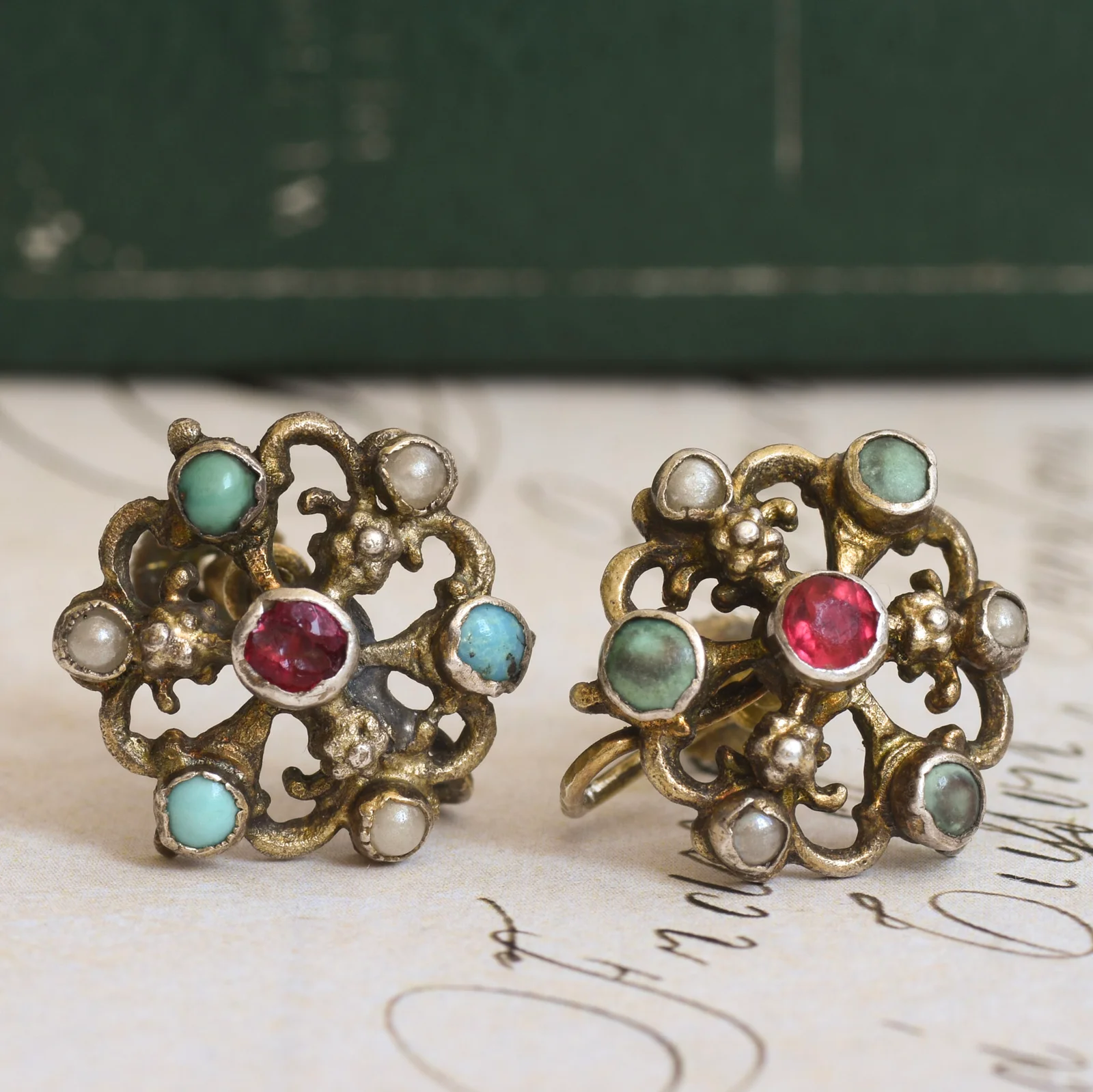 260809-003 — 260809-003-4.webp Antique Austro Hungarian Silver Gilt Earrings Seed Pearl Turquoise Garnet Screw Back
