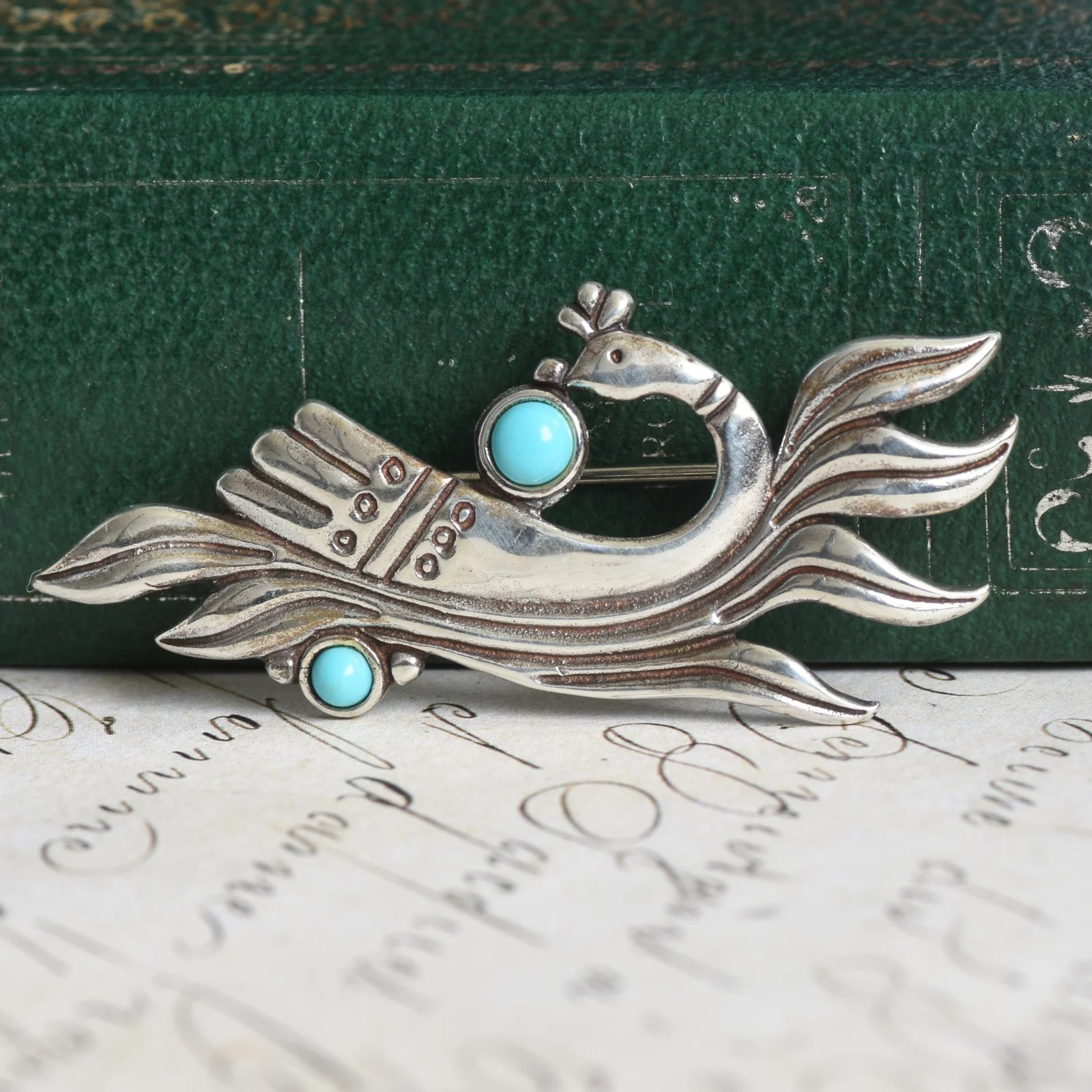 260814-007 — 260814-007-1.webp Vintage Sterling Silver Bird Brooch Turquoise Repousse Figural Pin