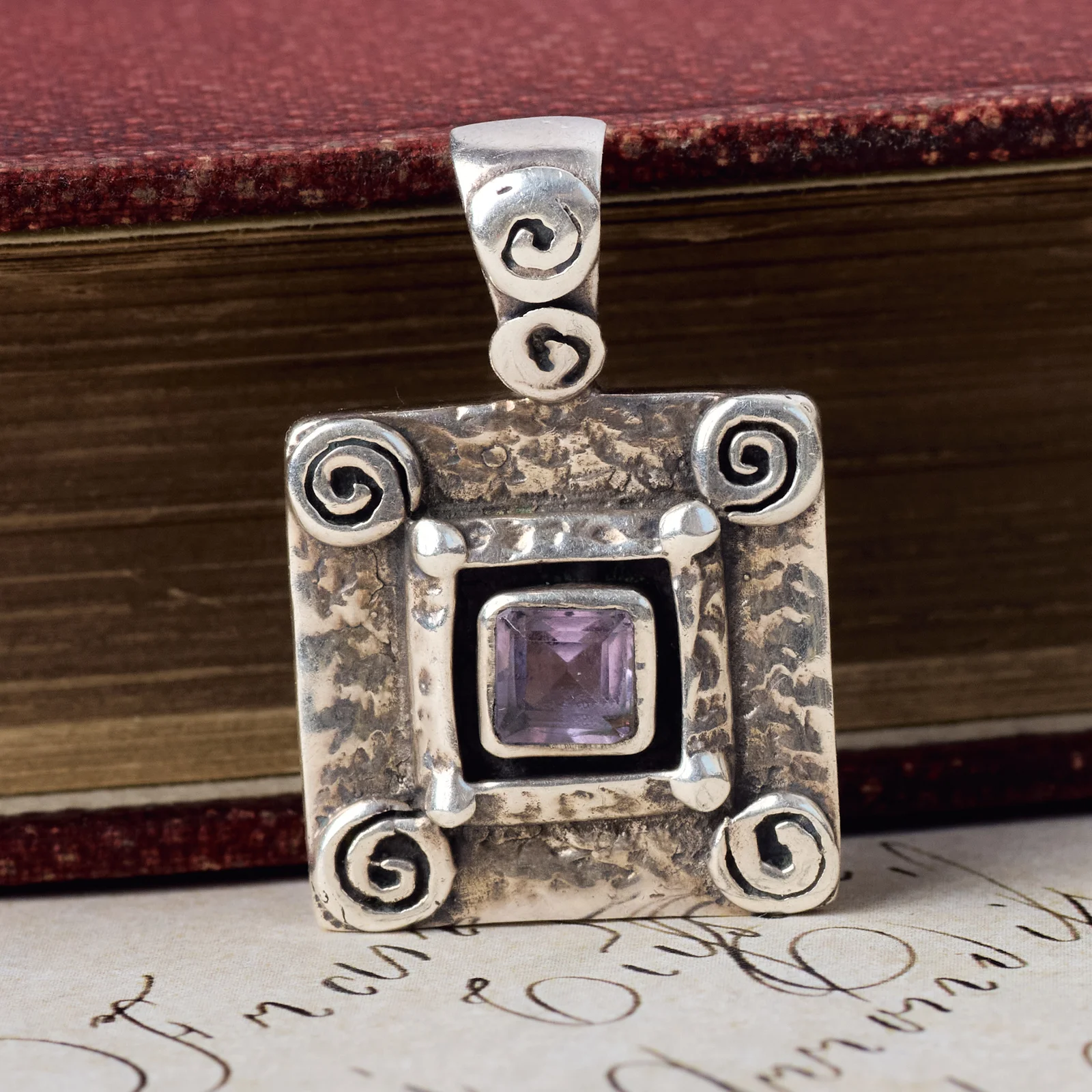 260902-005 — 260902-005-1.webp Silver Amethyst Pendant Hammered Square Spiral Scroll Purple Stone Boho