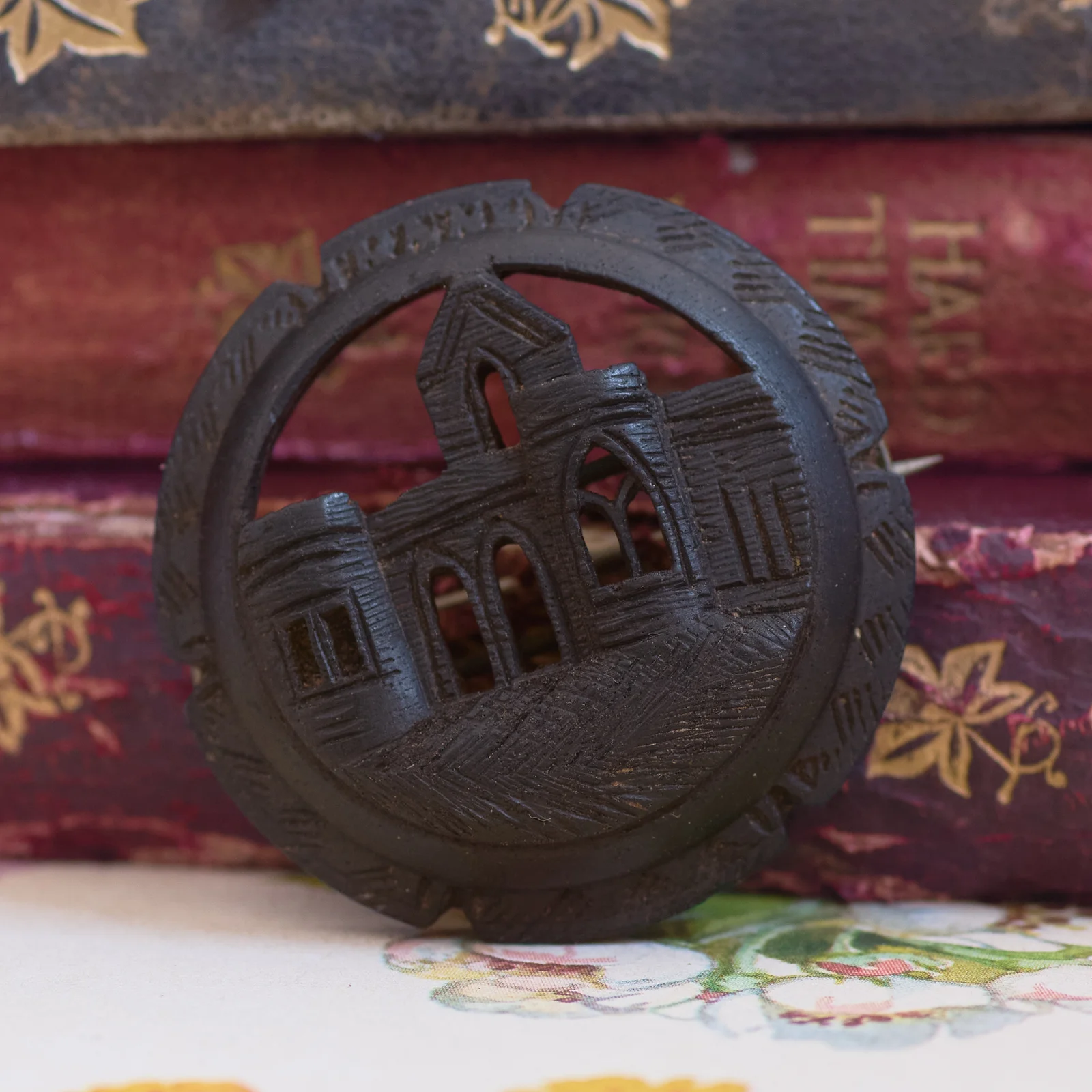 260929E-005 — 260929E-005-2.webp Victorian Irish Bog Oak Round Brooch Abbey Cathedral Hand Carved Antique