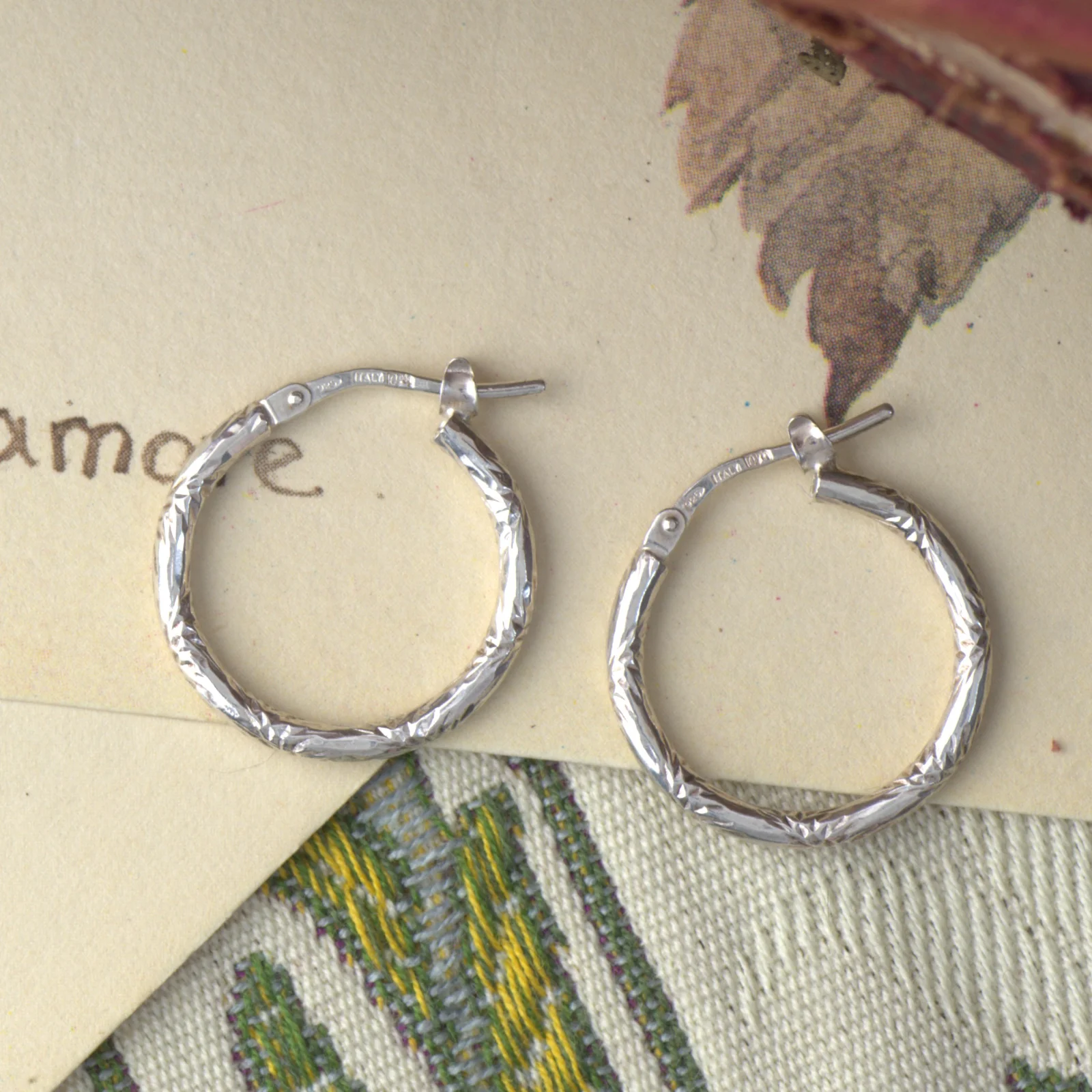 261003E-002 — 261003E-002-1.webp Vintage Sterling Silver Hoop Earrings Etched Italy 925